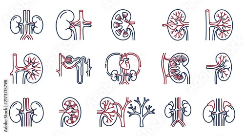 Detailed anatomical kidney illustrations in various styles.