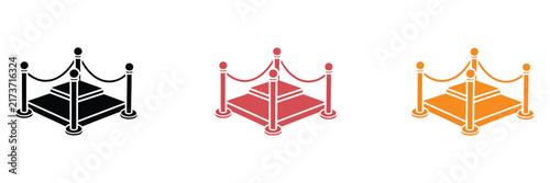 VIP crowd control barrier icon featuring velvet ropes on an isometric platform in black, red, and orange styles for event security and nightclub entrances