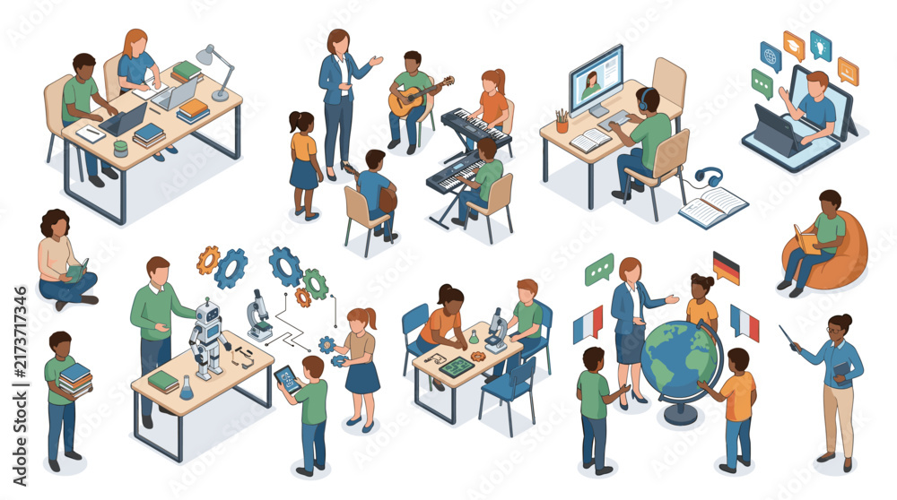 Fototapeta premium diverse collaborative workspace with children and adults engaging in creative and educational activities in a modern office