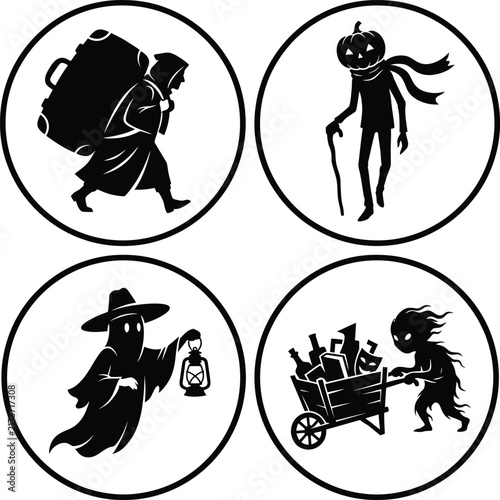 Spooky Halloween silhouette icons group featuring pumpkin head, ghost, traveler and creature vector illustrations.