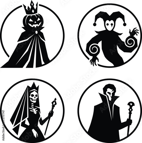 Assortment of four dark fantasy halloween character vector silhouettes featuring pumpkin king jester skeleton queen and vampire.