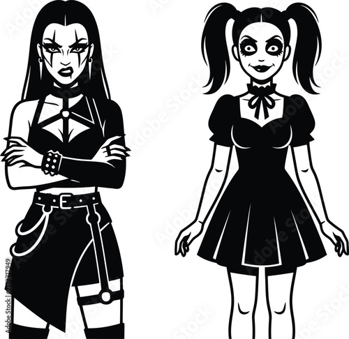 Vector rendering of two gothic female characters featuring dark alternative fashion, alt makeup, and edgy styles.