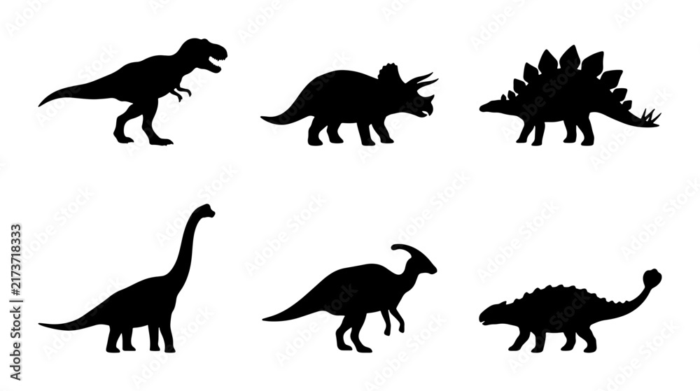 Fototapeta premium Dinosaur Silhouettes Collection: Prehistoric Creatures Vector Set, Jurassic Era Icons