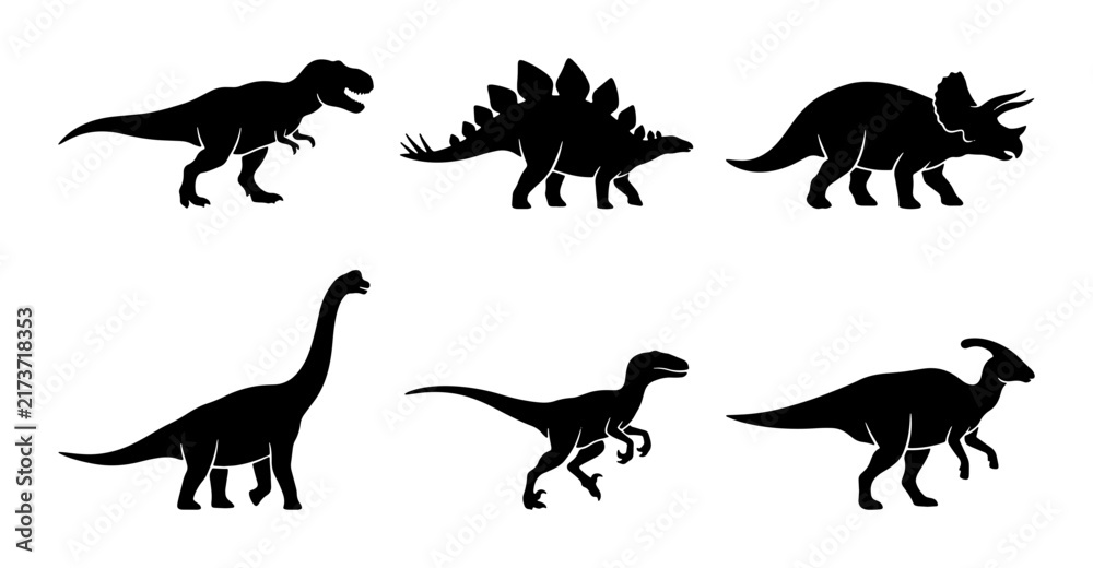 Obraz premium Dinosaur Silhouettes Collection, Prehistoric Creatures Vector Icons, Jurassic Era Reptiles Set