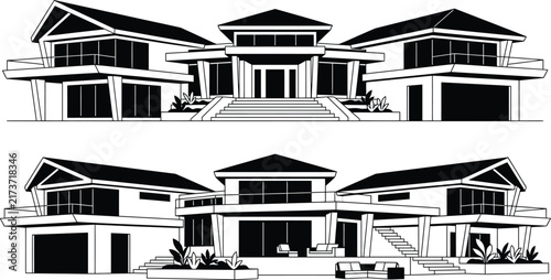 Up-to-date luxury house architectural vector line graphic sketch showing front and back elevation views.