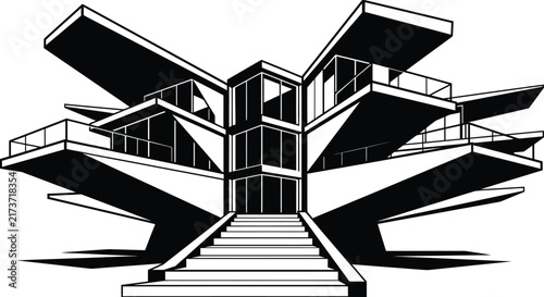 Monochrome architectural vector drawing of a futuristic current cantilevered building with central stairs.