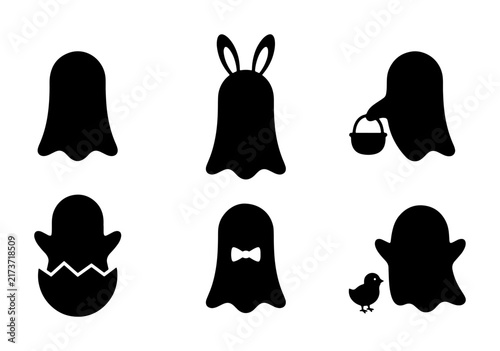 Cute Ghost Icons Set, Easter Bunny, Egg, Chick, Bow Tie, Basket, Spooky Fun
