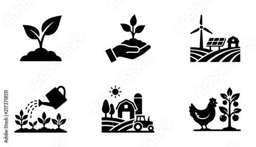 Agriculture Icons Set: Farming, Growth, Sustainability, Organic Food, Rural Life, Renewable Energy
