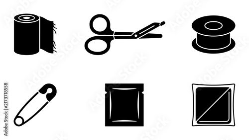 Medical First Aid Kit Icons, Bandage, Scissors, Safety Pin, Sachet, Vector Graphics
