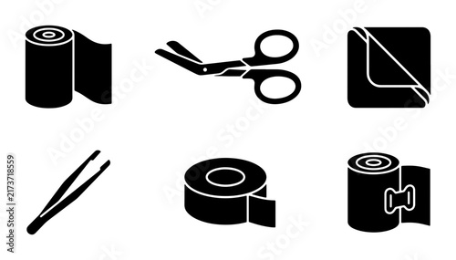Medical First Aid Kit Icons: Bandage, Scissors, Tweezers, Tape, Gauze Pads, Vector Set