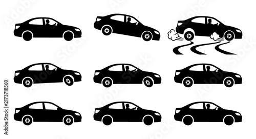 Black Sedan Car Icons, Driving Motion, Transportation Symbols, Automotive Vector Graphics