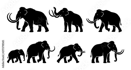 Mammoth Silhouettes Collection, Prehistoric Animal Icons, Ancient Creature Vector Set