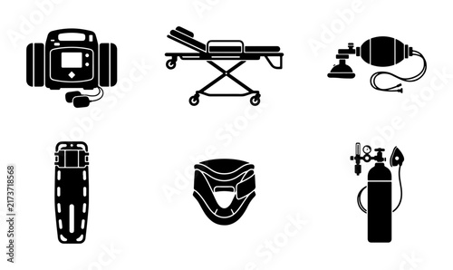 Medical Emergency Equipment Icons, Ambulance Stretcher, Defibrillator, Oxygen Tank, Vector Set