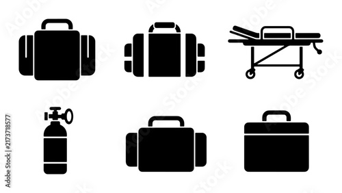 Medical Bags and Stretcher Icons, Emergency First Aid Kit, Oxygen Tank, Healthcare Equipment Vector Set