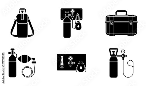 Medical Oxygen Tanks and Equipment Icons, Portable Respirator Set, Emergency Supply Vector Graphics