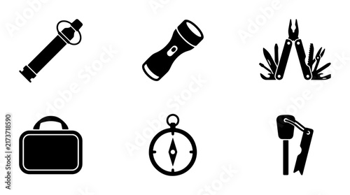 Outdoor Adventure Gear Icons: Compass, Flashlight, Multi-tool, Luggage, Axe Set