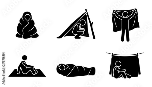 Camping Icons Set, Outdoor Adventure Stick Figures, Survival Shelter, Sleeping Bag, Campfire