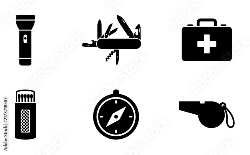 Survival Gear Icons: Flashlight, Multi-tool, First Aid Kit, Matches, Compass, Whistle