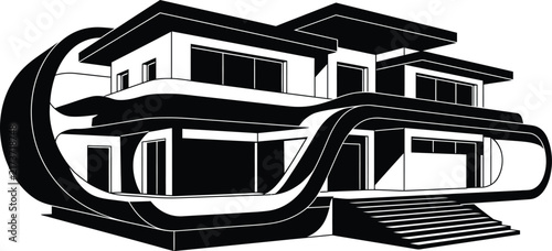 Vector drawing of a current futuristic luxury house with sleek curved architectural structure.