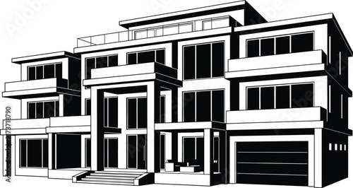 Black and white vector rendering of a current luxury multi story mansion house with balconies and large glass windows.