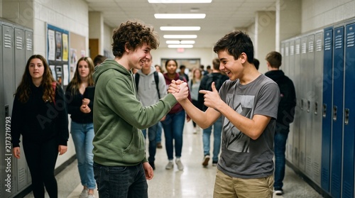 Two teenage boys share a friendly handshake and smile in a school hallway lined with lockers