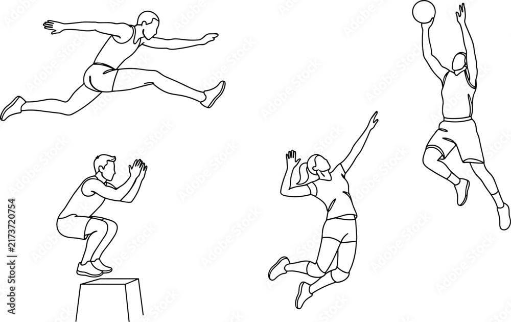 Fototapeta premium Continuous line drawing set of athletes jumping basketball volleyball hurdling and box jump vector illustration for sports concept