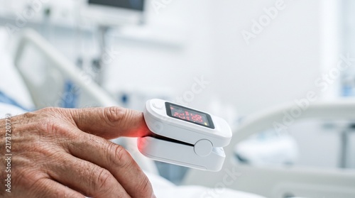 Close up of a pulse oximeter device measuring oxygen level on patient finger