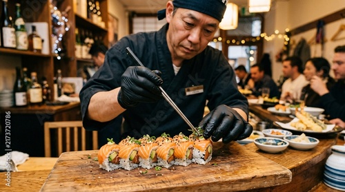 Sushi chef in black gloves garnishing salmon and avocado rolls on wooden board, warmly lit appetizers in blurred background, cinematic.