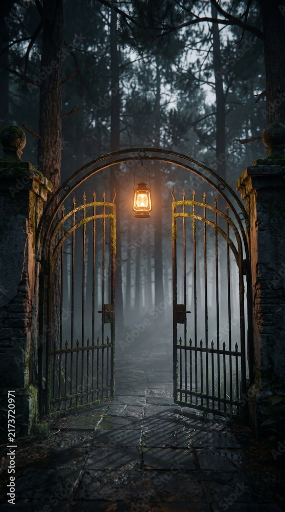 Obraz premium Mysterious wrought iron gate open to a foggy forest with a lantern