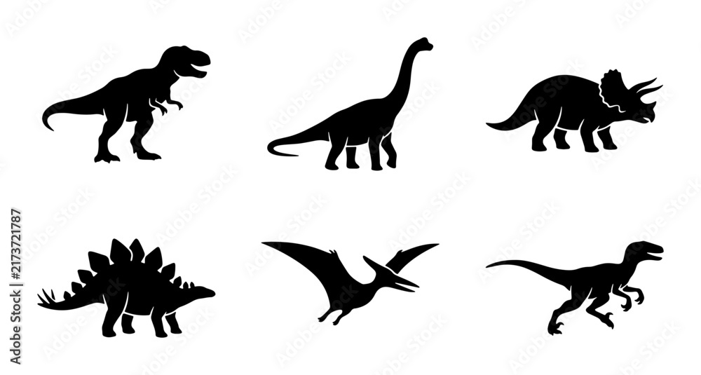 Obraz premium Dinosaur Silhouettes Collection: Prehistoric Reptile Icons for Jurassic Themes, Kids' Designs, and Educational Content