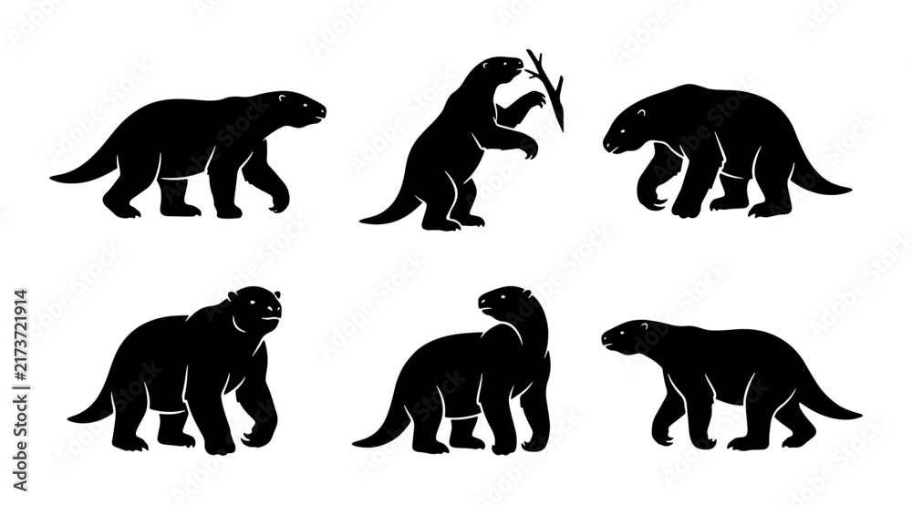 Fototapeta premium Prehistoric Animal Silhouettes, Ancient Mammal Vector Icons, Extinct Creature Graphics, Set of 6