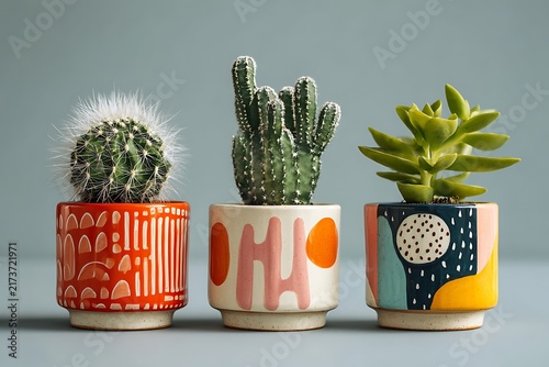 Three small potted cacti and succulents with colorful designs on the pots against a blue background.