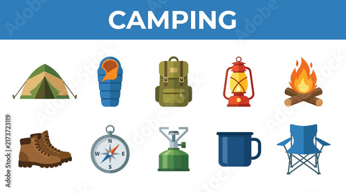 Flat Vector Icon Set Featuring Essential Equipment for Outdoor Camping and Wilderness Adventure Activities
