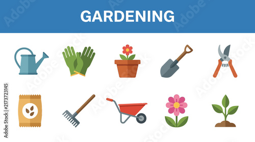 Set of Flat Design Gardening Equipment and Horticulture Tools Vector Icons for Agriculture and Plant Care Concepts