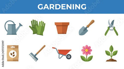 Flat Design Gardening Icons Set Featuring Essential Horticulture Tools and Plant Care Equipment for Sustainable Home Growing Projects
