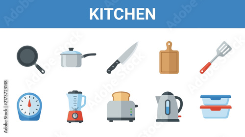 Set of Colorful Flat Vector Icons Depicting Essential Modern Kitchen Cooking Tools and Household Appliances for Culinary Preparation