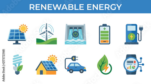 Set of Sustainable Energy Icons Illustrating Green Power Solutions and Eco-Friendly Technology Concepts for Modern Environmental Infrastructure