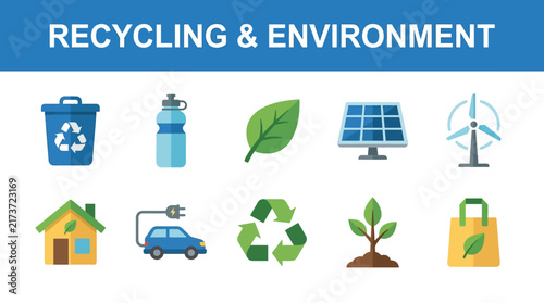 Set of Sustainable Ecology and Environmental Protection Icons for Green Energy and Waste Management Solutions