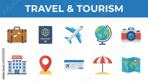 Set of Colorful Flat Travel and Tourism Icons Featuring Transportation Luggage Landmarks and Vacation Planning Elements for Global Adventure