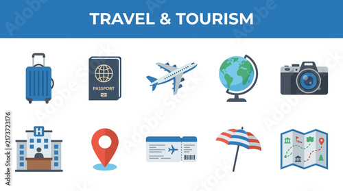 Set of Colorful Flat Vector Icons Representing Various Essential Elements for Global Vacation Planning and Modern International Journey Logistics