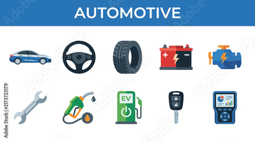 Set of Colorful Flat Vector Icons Representing Various Automotive Repair Maintenance and Electric Vehicle Charging Infrastructure Components