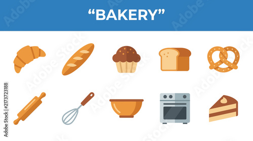 Set of Colorful Flat Vector Bakery Icons Featuring Assorted Fresh Bread Pastries and Essential Professional Kitchen Cooking Utensils