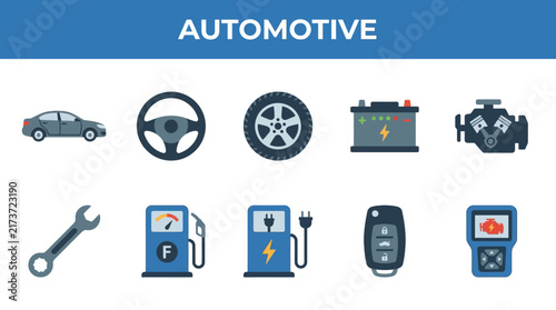 Set of Flat Vector Icons Representing Modern Automotive Components and Transportation Maintenance Equipment