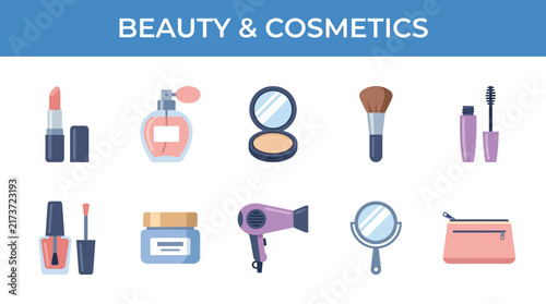 Collection of Essential Beauty and Personal Care Equipment Icons for Makeup and Skin Routine Illustration