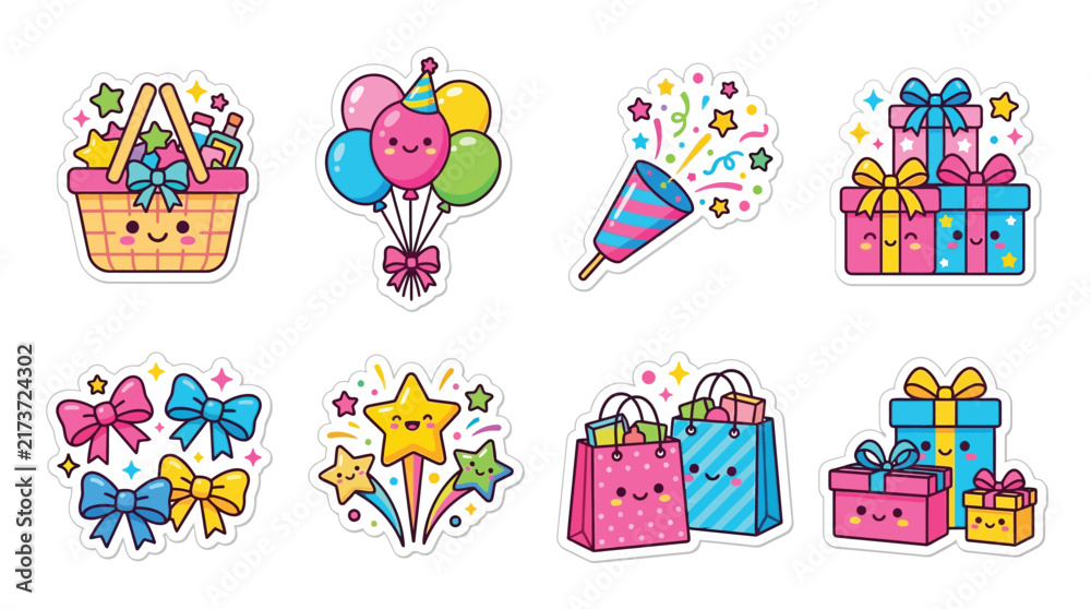 Naklejka premium Kawaii Birthday Celebration Elements with Cute Characters and Gifts.