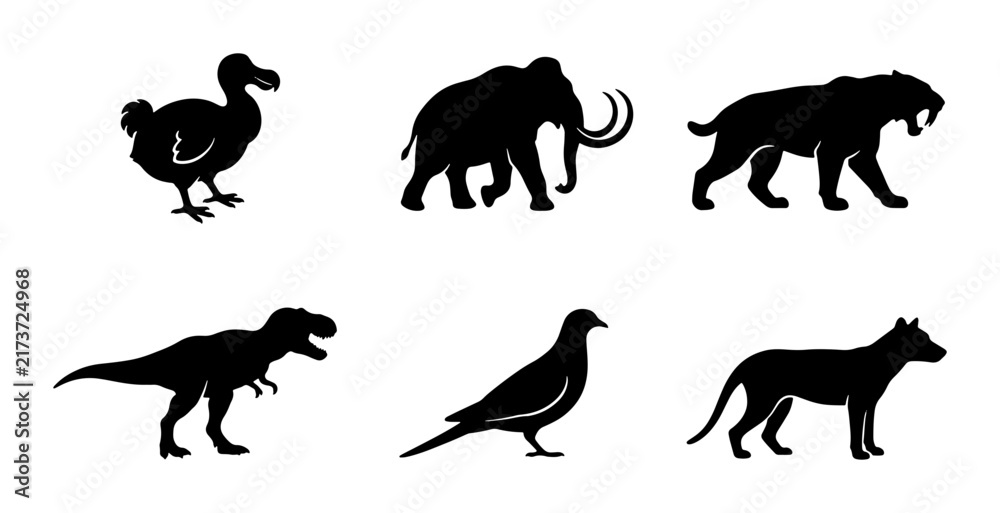Obraz premium Extinct Animals Silhouettes: Dodo, Mammoth, Saber-Toothed Cat, Dinosaur, Pigeon, Hyena Icons