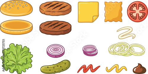 Burger Ingredients Vector Constructor Set with Bun Patty Cheese Lettuce Tomato Onion Pickle Ketchup Mustard and Sauce for Fast Food Menu Design (22 words)