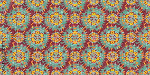 Seamless pattern with traditional Indian floral ornament for fabric swatch or wrapping paper. Vector abstract kaleidoscopic background