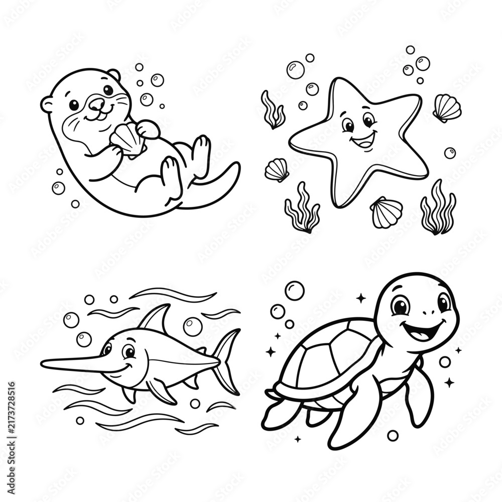 Obraz premium Cute cartoon sea animals coloring pages set. Funny dolphin, turtle, otter and starfish outline. Coloring book template.