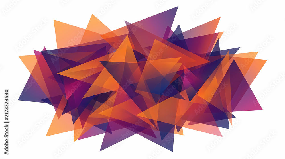 Obraz premium Dynamic arrangement of translucent geometric triangles featuring deep purple and bright orange hues that intersect to form a complex layered structure suitable for creative design projects and